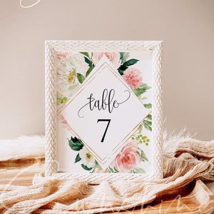 Blush White Floral Wedding Table Number Sign Template Printable Wedding Table Number Card Template Editable Instant Download Templett PDF F5 image 1