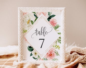 Blush White Floral Wedding Table Number Sign Template Printable Wedding Table Number Card Template Editable Instant Download Templett PDF F5