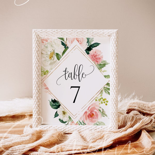 Blush White Floral Wedding Table Number Sign Template Printable Wedding Table Number Card Template Editable Instant Download Templett PDF F5