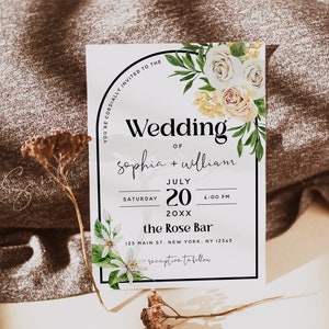 White Rose Floral Wedding Invitation Template, Bohemian Wedding, Invitation Card, Printable Invite, Editable Template, Instant Download, F27
