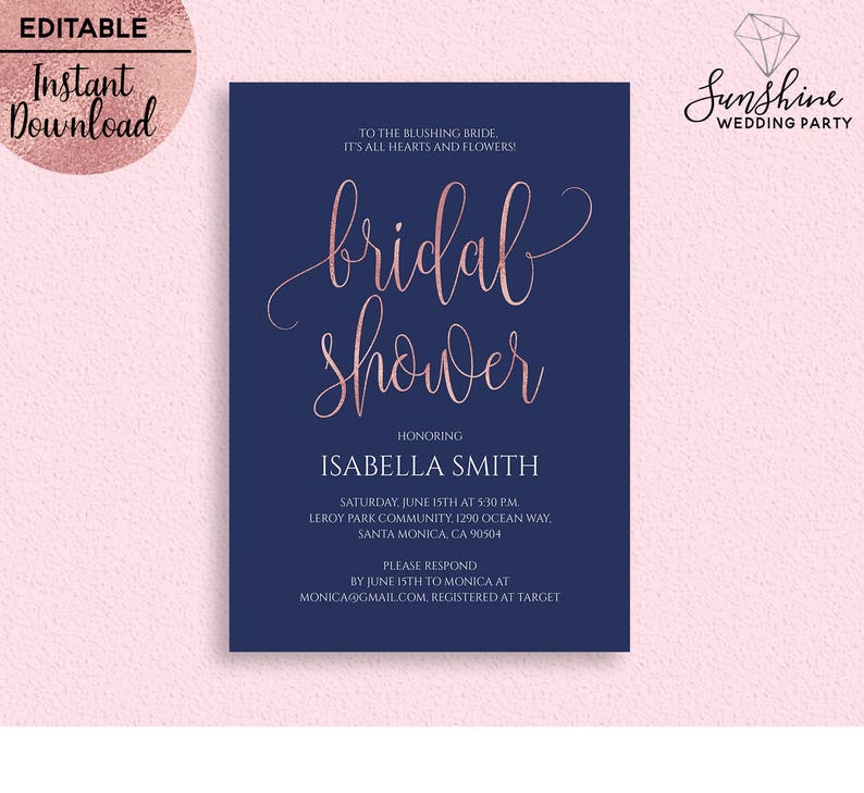 Navy Blue Rose Gold Foil Bridal Shower Invitation Template Etsy