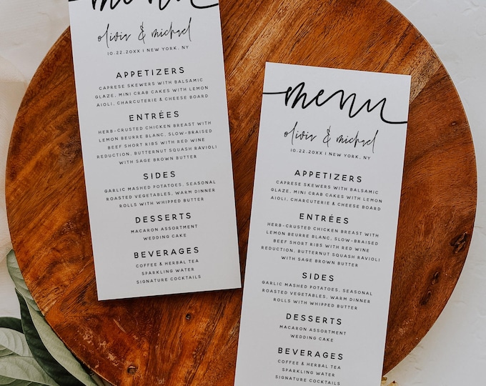 Wedding Menu Template | Editable Reception Menu Card | Modern Minimalist Menu | Printable Dinner Menu | 4"x9" Menu | Instant Download | M7
