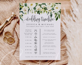 White Floral Wedding Itinerary Template Wedding Timeline Template Wedding Timeline Greenery Timeline Wedding Itinerary Wedding Templett F10