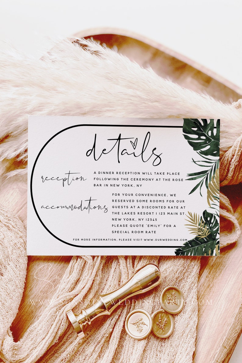 Monstera Greenery Wedding Details Card Template, Summer Greenery Wedding DIY Editable Template for Wedding Printable, Instant Download, TG1 image 2