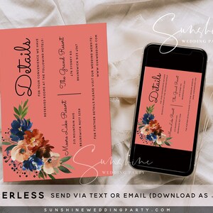 Navy &amp; Coral Wedding Details Card Template, Printable Floral Wedding ...