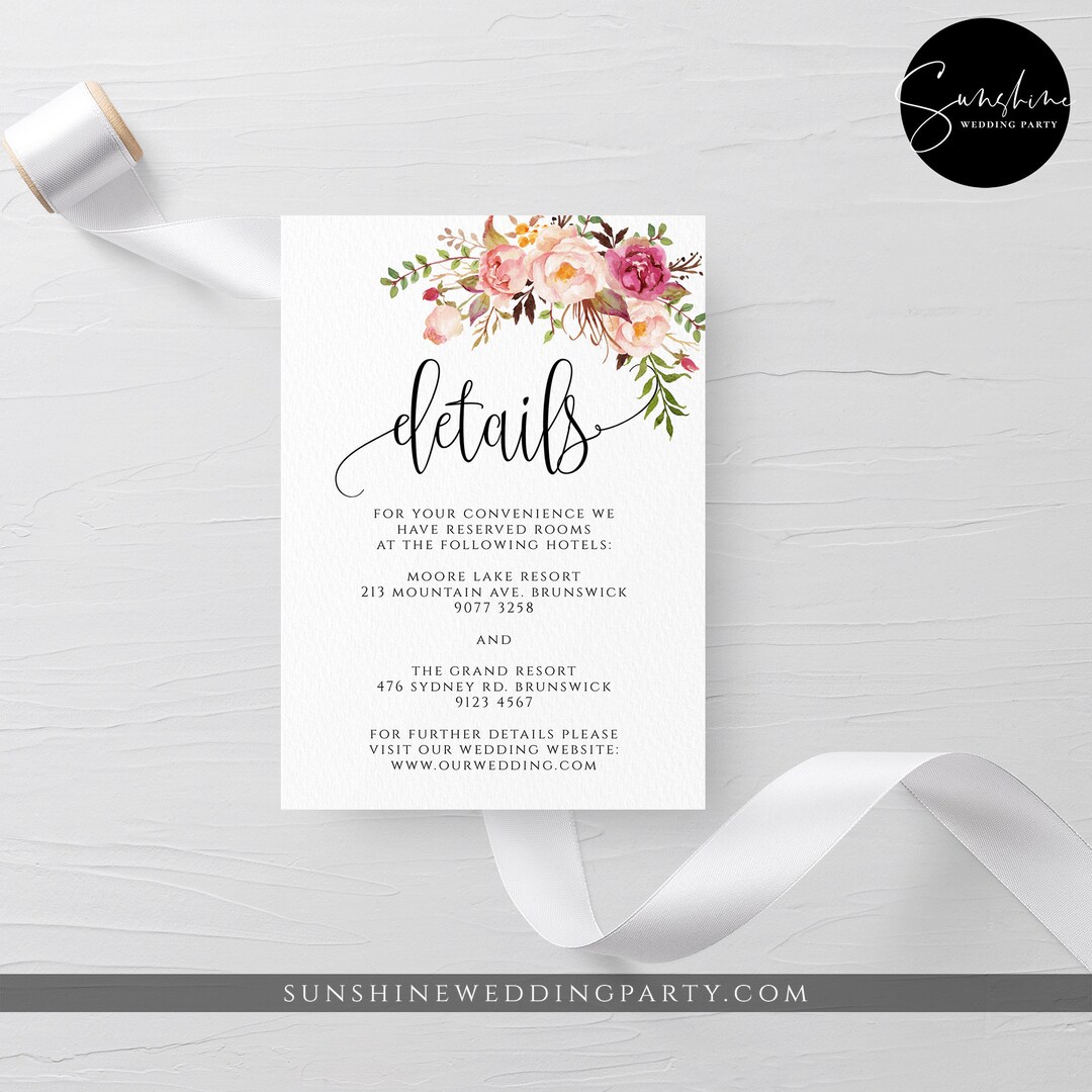Marsala Wedding Details Template, Floral Wedding Details Template, Printable Wedding Details ...
