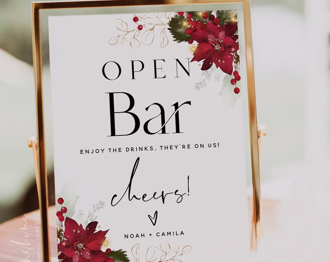 Christmas Open Bar Sign Template, Open Bar Sign for Wedding, Bridal Shower, Baby Shower, Baptism, Birthday Party, Printable Signs, F25