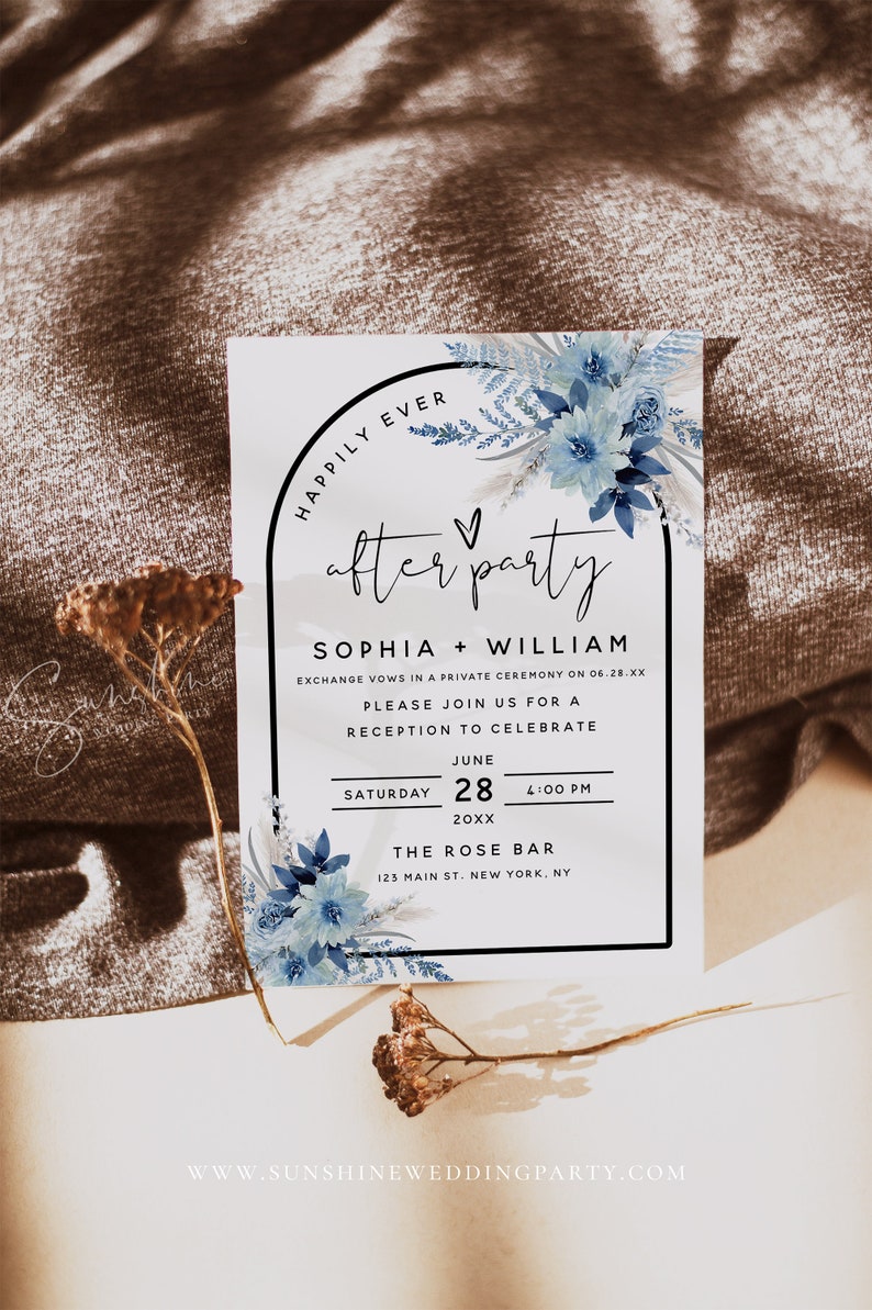 Dusty Blue Wedding Reception Invitation Template, Reception Invitation Cards, Elopement Announcement Invitation, Instant Download, F20 image 1