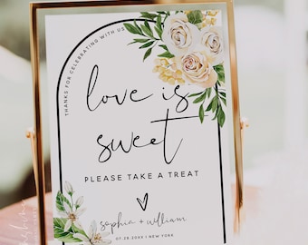 White Rose Floral Love is Sweet Sign Template, Please Take A Treat Sign, Boho Wedding Signs, Wedding Reception Signs, Instant Download, F27