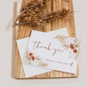 Plantilla de tarjeta de agradecimiento de Pampas, tarjetas de agradecimiento de terracota, boda en naranja quemado, tarjeta de agradecimiento, boda en el desierto, descarga instantánea, T4
