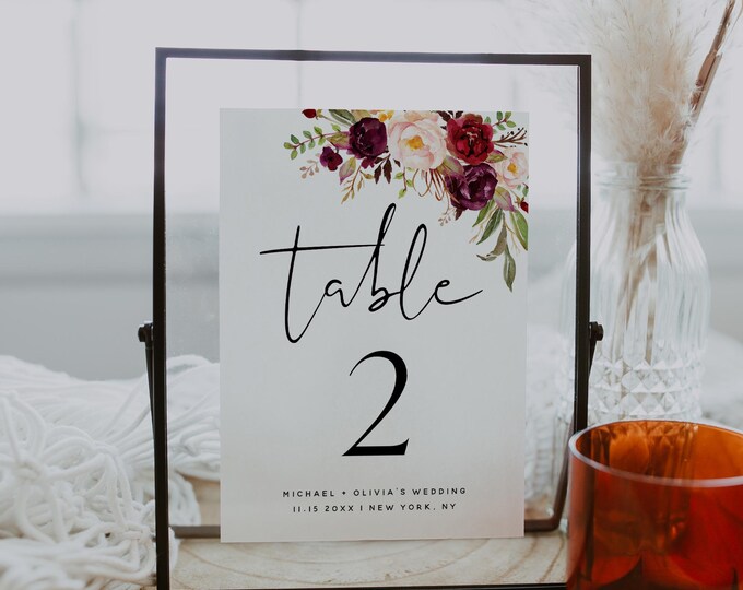 Boho Dusty Pink Burgundy Floral Table Numbers Template | Wedding Floral Table Numbers | Printable Reception Decor | Editable Table Card | F2
