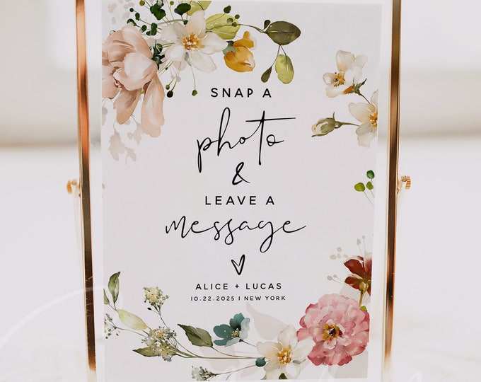 Snap a Photo Leave a Message Sign Template, Garden Flowers Wedding Sign, Printable Sign, Floral Wedding Signs, Instant Download Templett F16