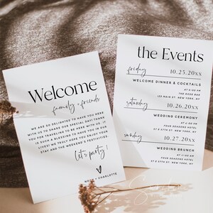 May include: A wedding invitation suite with a minimalist design. The welcome card features a simple white background with black text that reads "Welcome family & friends". The second card lists the events for the wedding weekend, including a welcome dinner, wedding ceremony, and wedding brunch. The text is in black on a white background.