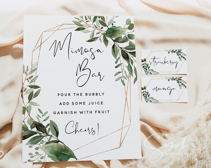 Mimosa Bar Sign, Greenery Mimosa Bar Sign and Tags, Wedding Mimosa Bar Sign, Printable Sign, Bridal Shower, Baby Shower, Instant Download G5