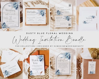 Dusty Blue Floral Wedding Invitation Bundle, Invitation Template, Bohemian Wedding Bundle, Invitation Suite, DIY Editable Template, F20