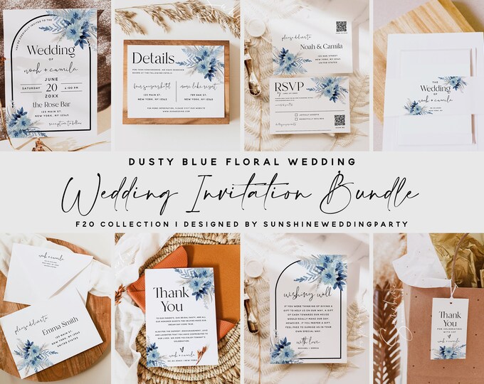 Dusty Blue Floral Wedding Invitation Bundle, Invitation Template, Bohemian Wedding Bundle, Invitation Suite, DIY Editable Template, F20