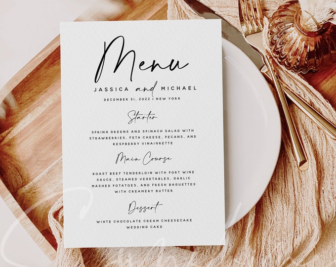 Modern Wedding Menu Template, Minimalist Wedding Dinner Menu, Printable, Digital Download, Reception Dinner Menu, 100% Editable, DIY, M3