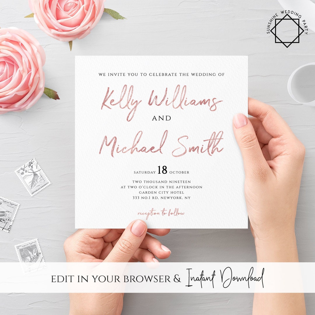 Rose Gold Wedding Invitation Template Printable Flat Wedding Invitation