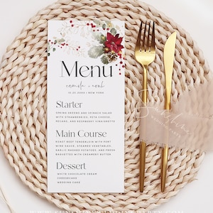 Modello di menu di Natale, lunghe schede di menu per matrimonio, addio al nubilato, baby shower, battesimo, compleanno, schede di menu per cena, menu stampabile, F25