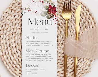 Christmas Menu Template, Long Menu Cards for Wedding, Bridal Shower, Baby Shower, Baptism, Birthday, Dinner Menu Cards, Printable Menu, F25