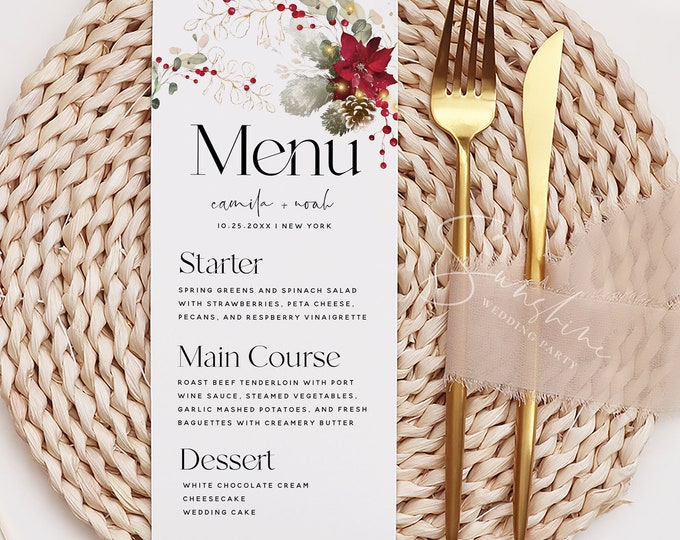 Christmas Menu Template, Long Menu Cards for Wedding, Bridal Shower, Baby Shower, Baptism, Birthday, Dinner Menu Cards, Printable Menu, F25