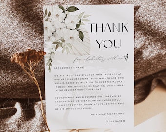 Thank You Card Template, White Floral Wedding, Flat Thank You Card, Rustic Wedding, Printable DIY Editable Template, Instant Download, F30