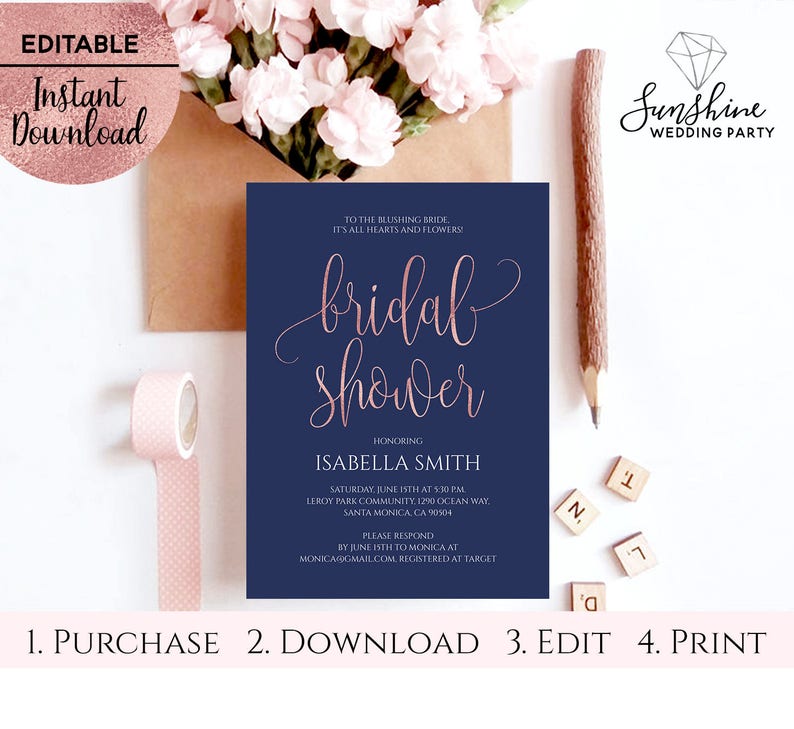 Navy Blue Rose Gold Foil Bridal Shower Invitation Template Etsy