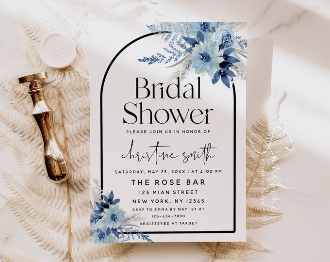 Dusty Blue Floral Bridal Shower Invitation Template, Bohemian Bridal Shower Invite, Pampas Grass Bridal Shower, DIY Editable, Download, F20