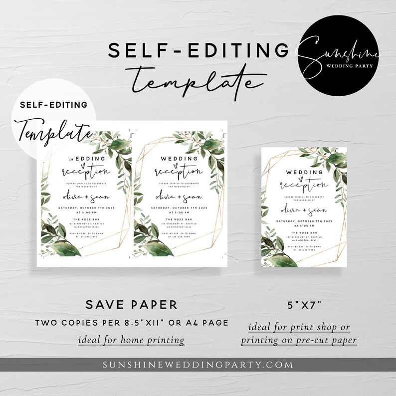 Wedding Reception Invitation Template, Greenery Reception Invitation Card, Elopement Announcement Invitation, Instant Download, Templett, G5 image 4