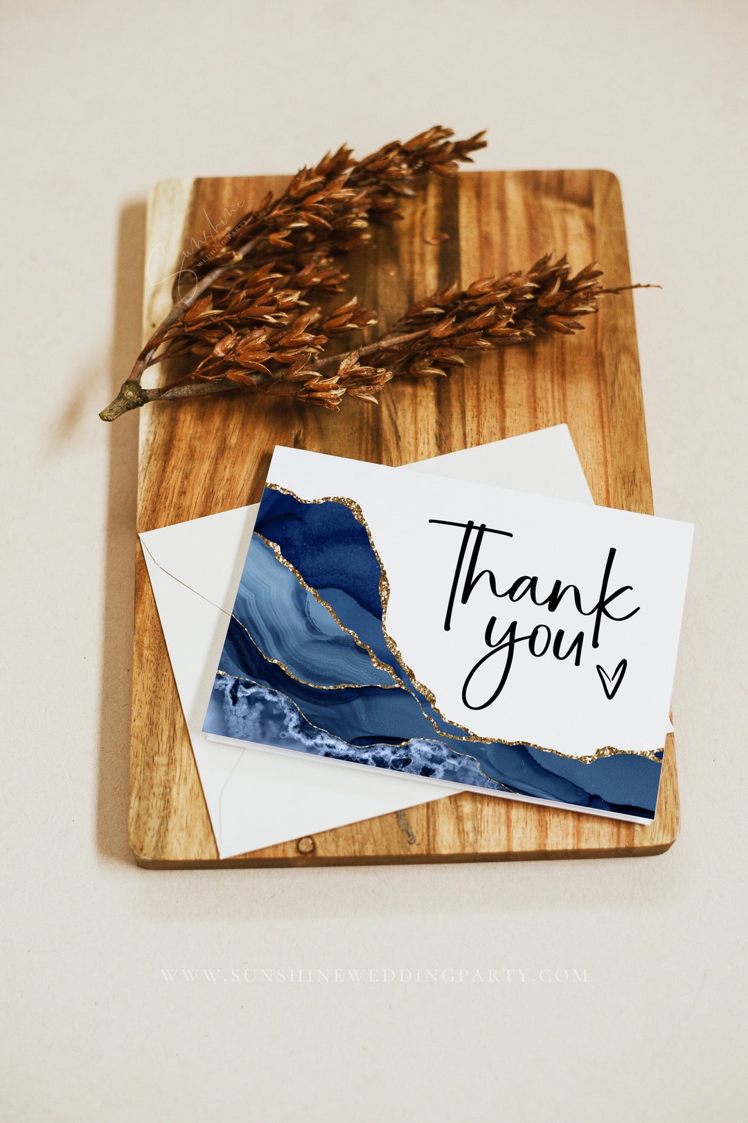 Thank You Card Template, Navy Blue and Gold Agate Wedding, Tent Fold ...