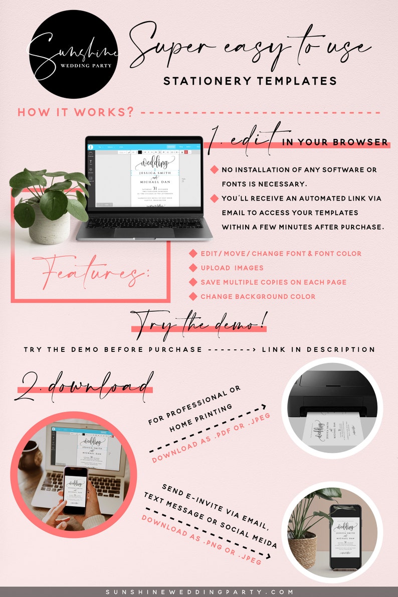 May include: A pink and white graphic with the text "Super easy to use Stationery Templates" and a description of how to edit and download wedding stationery templates. The graphic includes images of a laptop, a printer, and a smartphone.