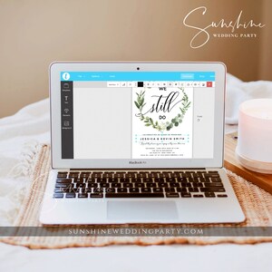 May include: A laptop screen displaying a wedding invitation template with a green wreath and the text "We Still Do". The invitation is for Jessica & Kevin Smith and is celebrating 10 years of marriage. The text "Sunshine Wedding Party" is visible at the top of the screen.