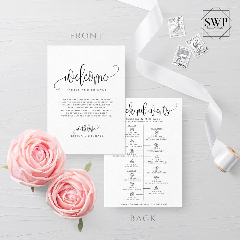 Puede incluir: Una tarjeta de eventos de fin de semana de boda con fondo blanco y texto negro. La tarjeta incluye un mensaje de bienvenida para la familia y los amigos, un cronograma de eventos para el fin de semana y un mensaje de agradecimiento. El texto incluye los nombres Jessica y Michael.