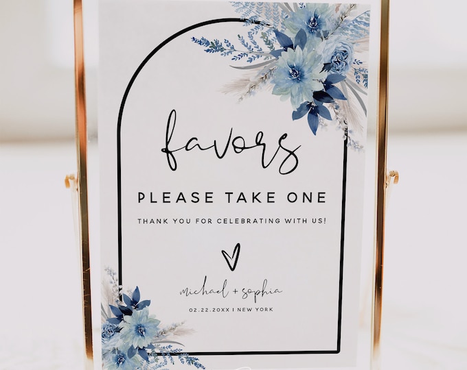 Dusty Blue Floral Favors Sign Template, Bohemian Wedding Favors Signs, Printable Favors Sign, Editable Favors Sign, Digital Download, F20