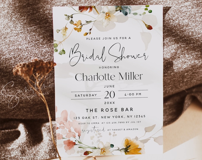 Bridal Shower Invitation Template, Garden Flowers, Editable, Printable Bridal Shower Invitation Card, Instant Download, DIY, Templett, F16