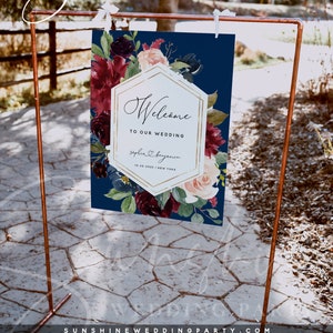 Navy Burgundy Wedding Welcome Sign Template, Marsala Floral Welcome Board, Printable Welcome Sign, Editable Template, Instant Download, F17 image 2