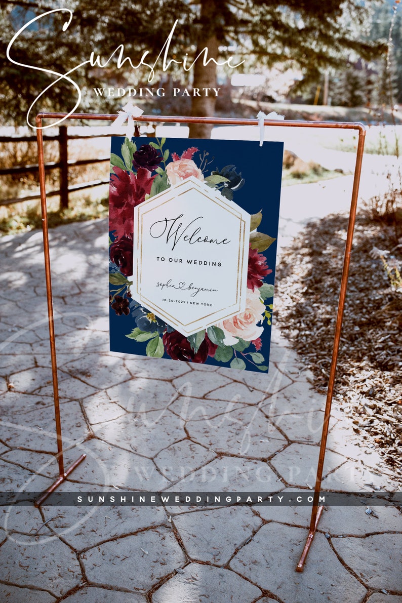 Navy Burgundy Wedding Welcome Sign Template, Marsala Floral Welcome Board, Printable Welcome Sign, Editable Template, Instant Download, F17 image 2