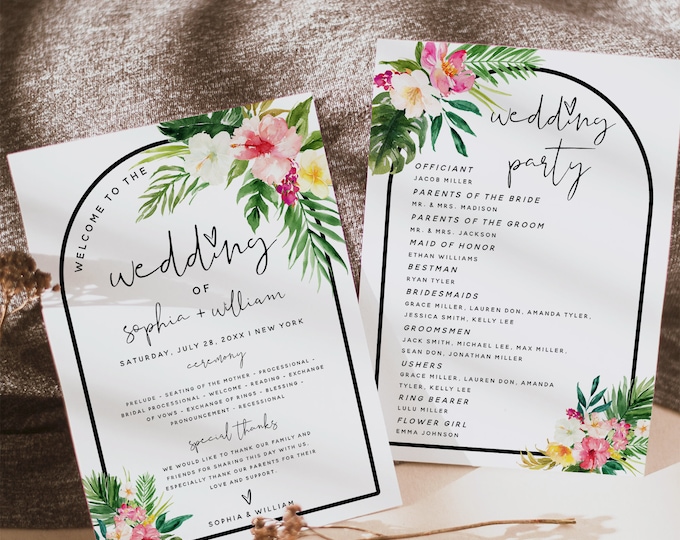 Hawaiian Beach Wedding Program Template, Wedding Ceremony Program Template, DIY Wedding Program, Editable Template, Instant Download, H1