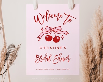 Cherry Bridal Shower Welcome Sign | She’s the Cherry on Top | Red Retro Bridal Shower Sign | Editable Template | Printable Instant Download