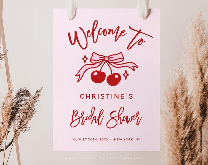 Cherry Bridal Shower Welcome Sign | She’s the Cherry on Top | Red Retro Bridal Shower Sign | Editable Template | Printable Instant Download