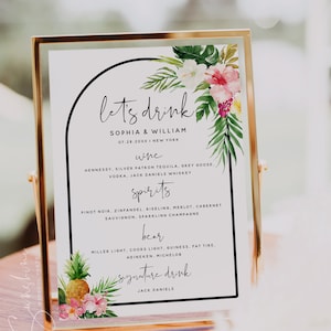 Hawaiianische Strandhochzeit Bar Menü Schild Vorlage, Let's Drink Menü, Die Bar Karte, Tropische Hochzeit, Bearbeitbare Vorlage, Sofort Download, H1