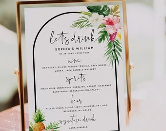 Hawaiian Beach Wedding Bar Menu Sign Template, Let's Drink Menu, The Bar Menu, Tropical Wedding, Editable Template, Instant Download, H1