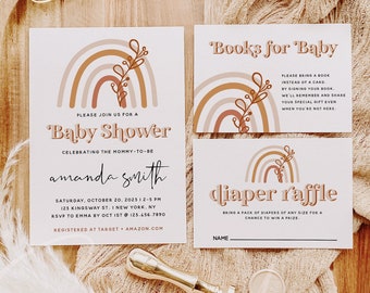 Rainbow Baby Shower Invitation Kit | Editable Invite + Books for Baby + Diaper Raffle | Templett | Instant Download | Printable Set | B1