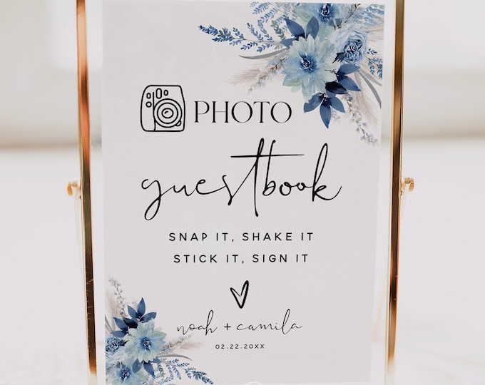 Dusty Blue Photo Guestbook Sign Template, Boho Wedding, Guest Book Sign, Floral Wedding, Guestbook Sign, Printable Sign, Editable Sign, F20