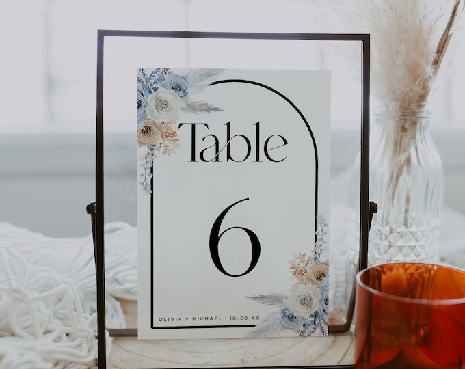 Dusty Blue Floral Table Number Template | Printable Elegant Arch Table Card | DIY Editable Dusty Blue Champagne Floral Table Numbers | F23