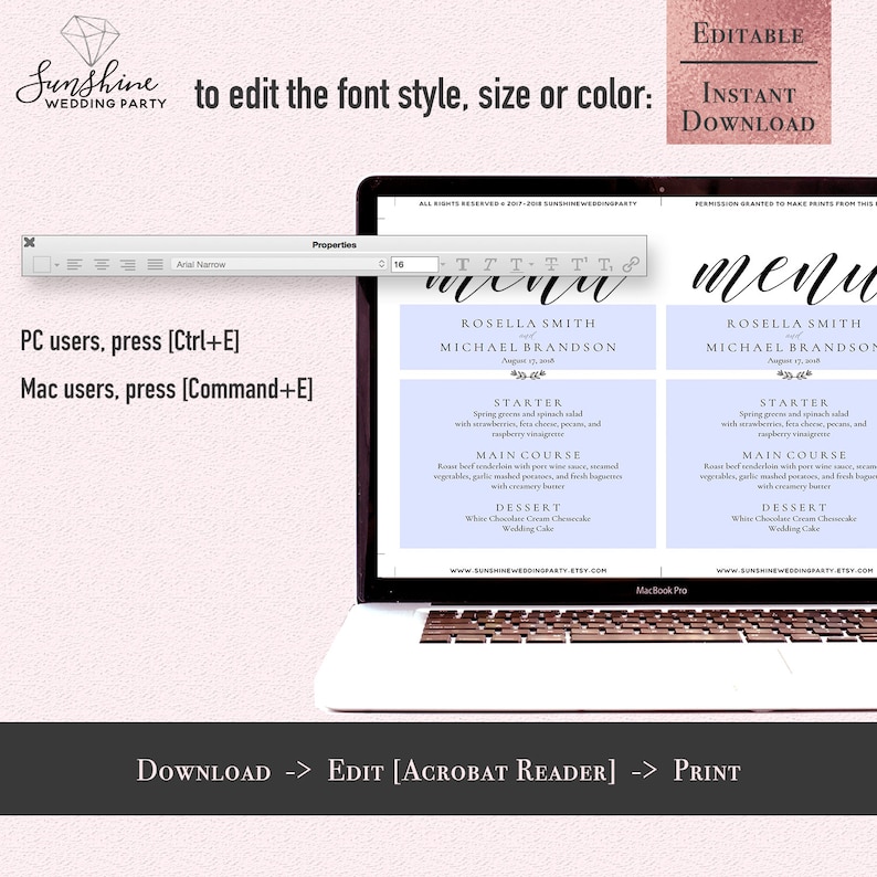 Wedding Menu Template Printable Fashion Script Font Wedding Menu Template 5x7 Editable PDF Instant Download Digital Download