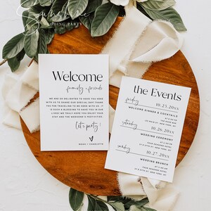 May include: A wedding invitation suite with a minimalist design. The welcome card features the text "Welcome family & friends" and "Let's party!" with a heart symbol. The events card lists the wedding events: Welcome Dinner & Cocktails, Wedding Ceremony, and Wedding Brunch. The events are listed with dates and times.