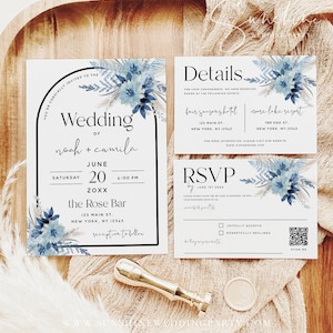 Dusty Blue Floral Wedding Invitation Kit Template, Zestaw zaproszeń, Zestaw zaproszeń, Ślub boho, Ślub do druku, DIY Edytowalny, F20