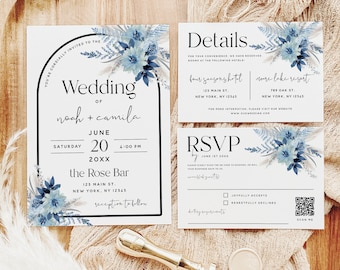 Dusty Blue Floral Wedding Invitation Kit Template, Invitation Set, Invitation Suite, Bohemian Wedding, Wedding Printable, DIY Editable, F20