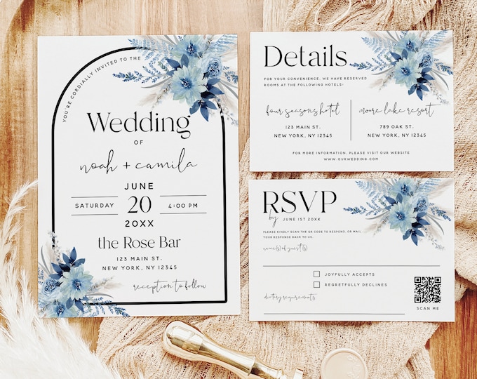 Dusty Blue Floral Wedding Invitation Kit Template, Invitation Set, Invitation Suite, Bohemian Wedding, Wedding Printable, DIY Editable, F20